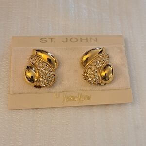 Vintage St John Clip on Gold Crystal Earrings